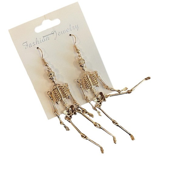 Gold skeleton four inch dangle earrings french wire alloy - Picture 3 of 6